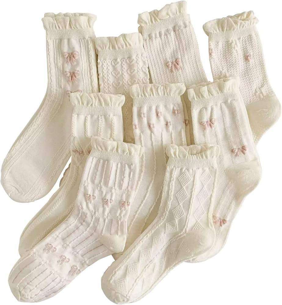 MarJunSep Women's Cute Vintage Floral Patterned Cotton Crew Socks Teen Girls Pretty Ruffle Frilly... | Amazon (US)