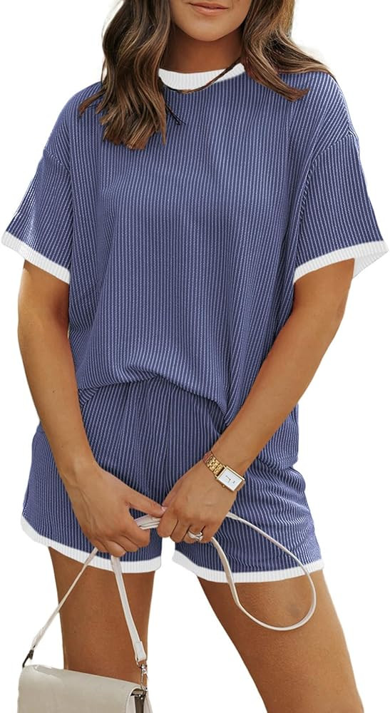 MARZXIN Women 2 Piece Shorts Set 2026 Casual Summer Cruise Outfits Ribbed Loose Short Sleeve Pock... | Amazon (US)