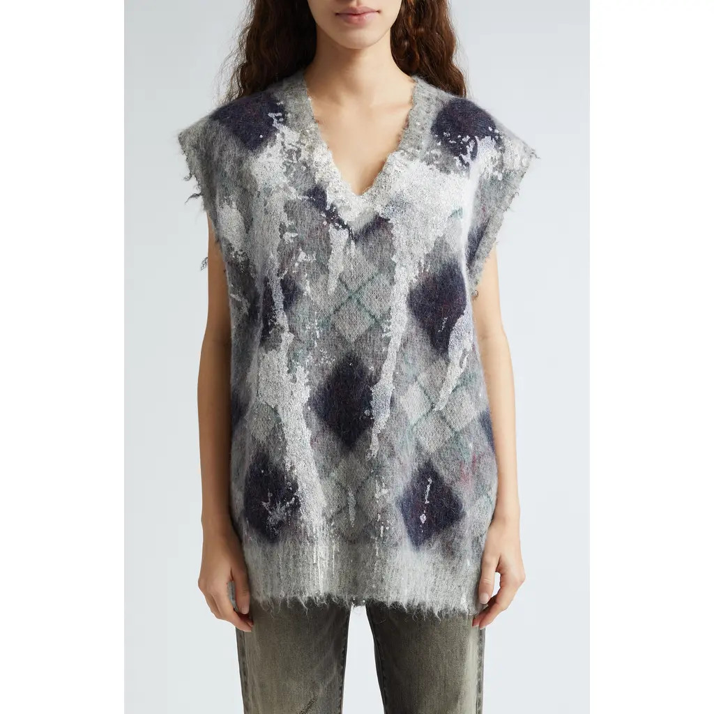 R13 Spattered Argyle Oversize Sweater Vest in Grey/Green Argyle at Nordstrom, Size X-Small | Nordstrom