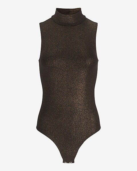 Metallic Mock Neck Sleeveless Thong Bodysuit | Express