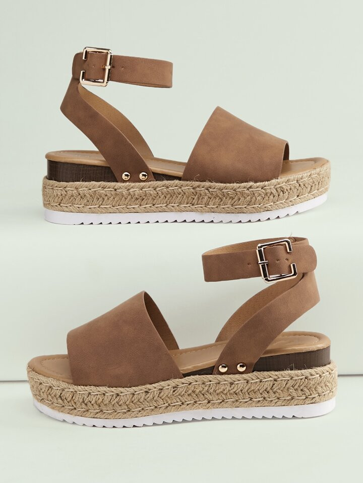 SHUZIA Open Toe Buckled Ankle Flatform Espadrille Sandals | SHEIN