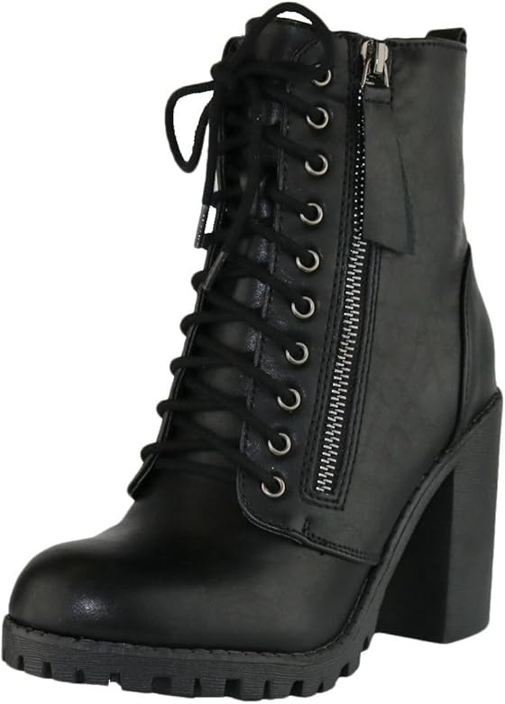 Women's Closed Round Toe Lace-Up Chunky Heel Moto Combat Boot | Amazon (US)