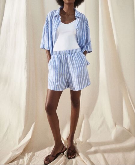 Blue and white striped linen shirt and shorts matching set 

#LTKfindsunder50 #LTKSeasonal #LTKstyletip