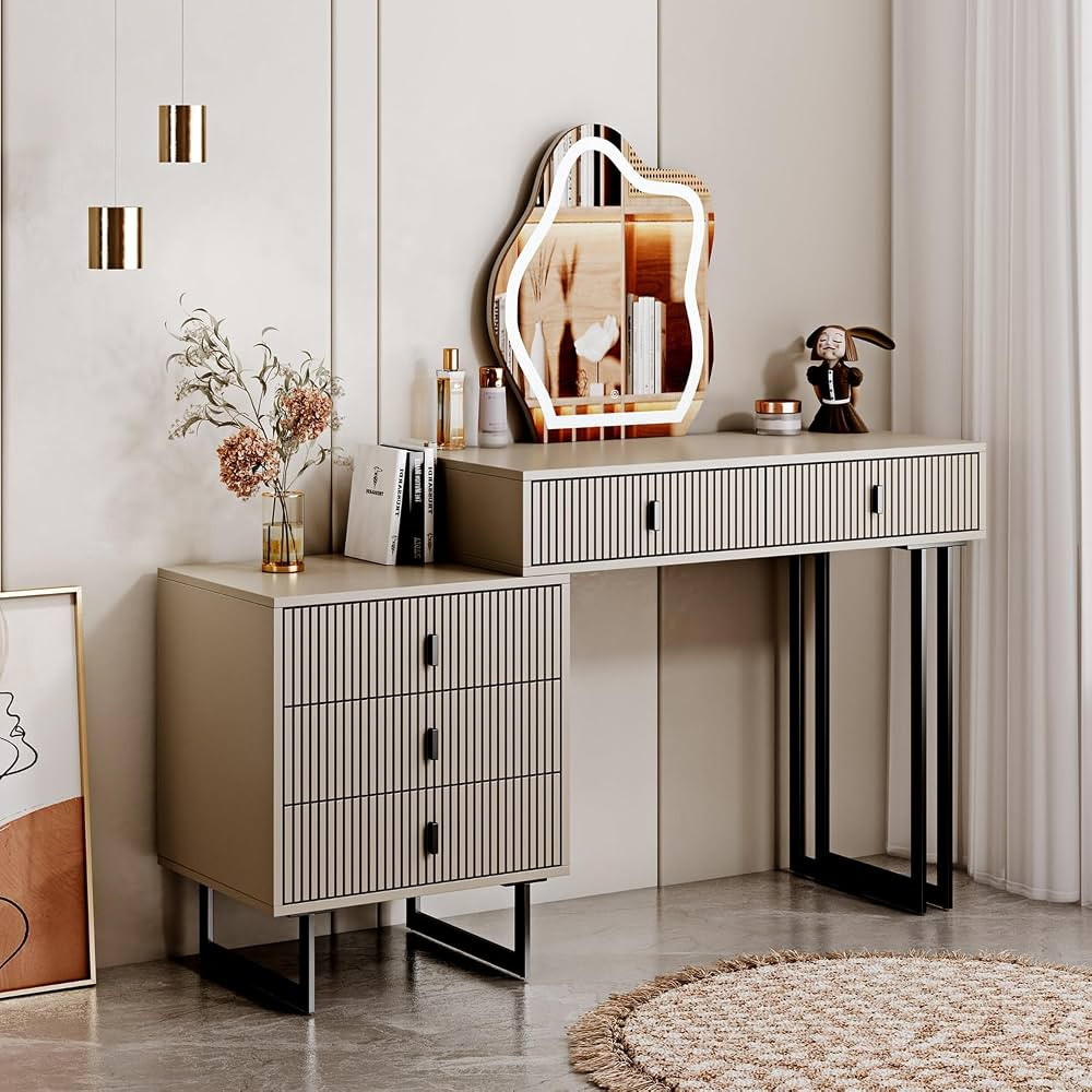 Gray Vanity Desk with Mirror and Lights,Small Makeup Vanity with 5 Drawers，Modern Makeup Table ... | Amazon (US)