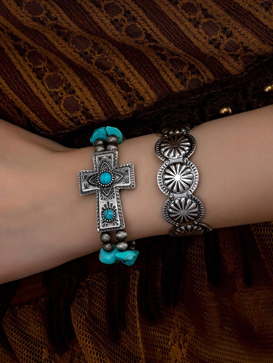 2 Pcs Western Style Turquoise Stone Decor Cross Stretchy Bracelet Retro Cuff Bangle Bracelets Set | SHEIN