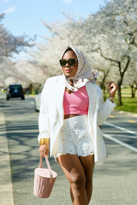 Spring outfit idea, lace shorts , white blazer , pink crop top 

#LTKSeasonal #LTKmidsize