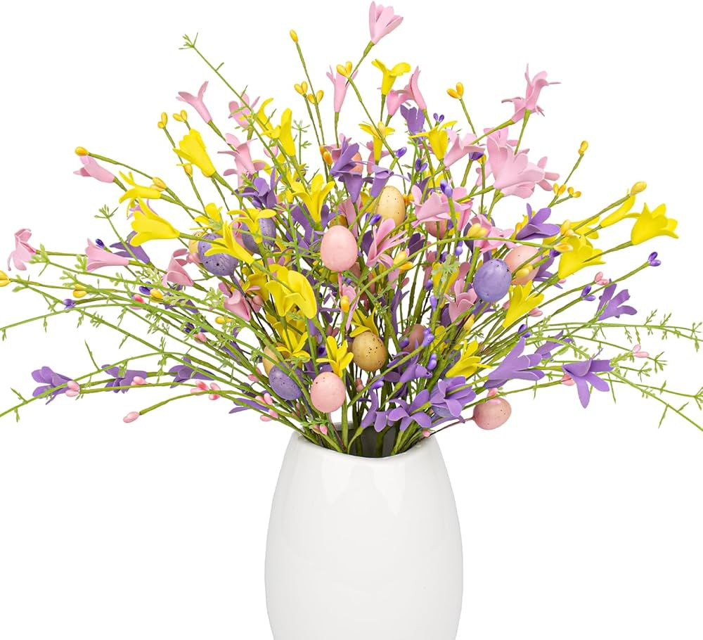 J'FLORU Easter Flower Decorations 12 Pack Easter Egg Picks Artificial Forsythia Flowers with Eggs... | Amazon (US)
