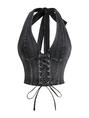 WDIRARA Women's Lace Up Front Denim Halter Tops Deep V Neck Tie Back Smocked Sleeveless Crop Top Black X-Small at Amazon Women\u2019s Clothing store | Amazon (US)