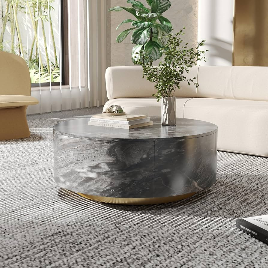 Modern Round Coffee Table with Drawers,33.47'' Drum Storage Center Table with Faux Marble Texture... | Amazon (US)