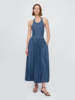 Denim Tie-Back Halter Maxi Dress | Gap (CA)