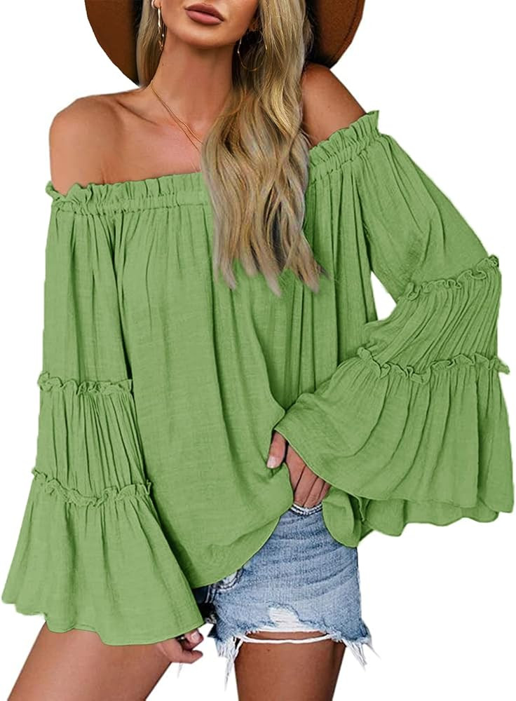 Womens Off The Shoulder Long Bell Sleeve Tops Flared Casual Loose Blouse | Amazon (US)