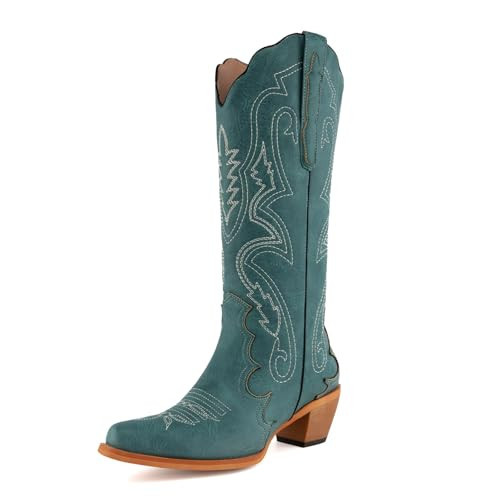 Gradinery Blue Cowboy Boots For Women EmbroideBlue Fashion Classic Cowgirl Western Boots With Chunky Heels And Pull Tabs 6 | Amazon (US)