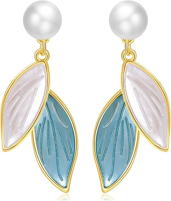 Enamel Leaf Pearl Earrings for Women Fashion Blue White Simple Small Dangle Earrings | Amazon (US)