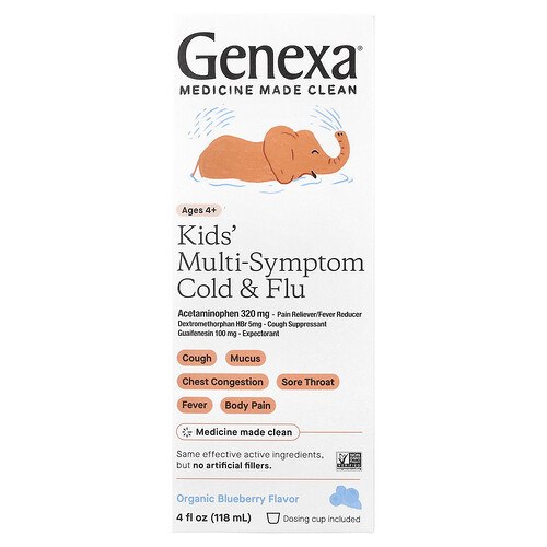 Genexa, Kids' Multi-Symptom Cold & Flu, Ages 4+, Organic Blueberry, 4 fl oz (118 ml) | iHerb