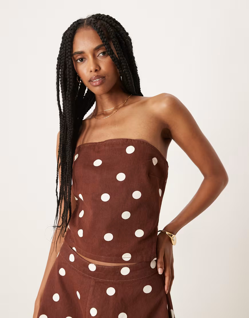 ASOS DESIGN bandeau denim top in brown polka dots | ASOS (Global)