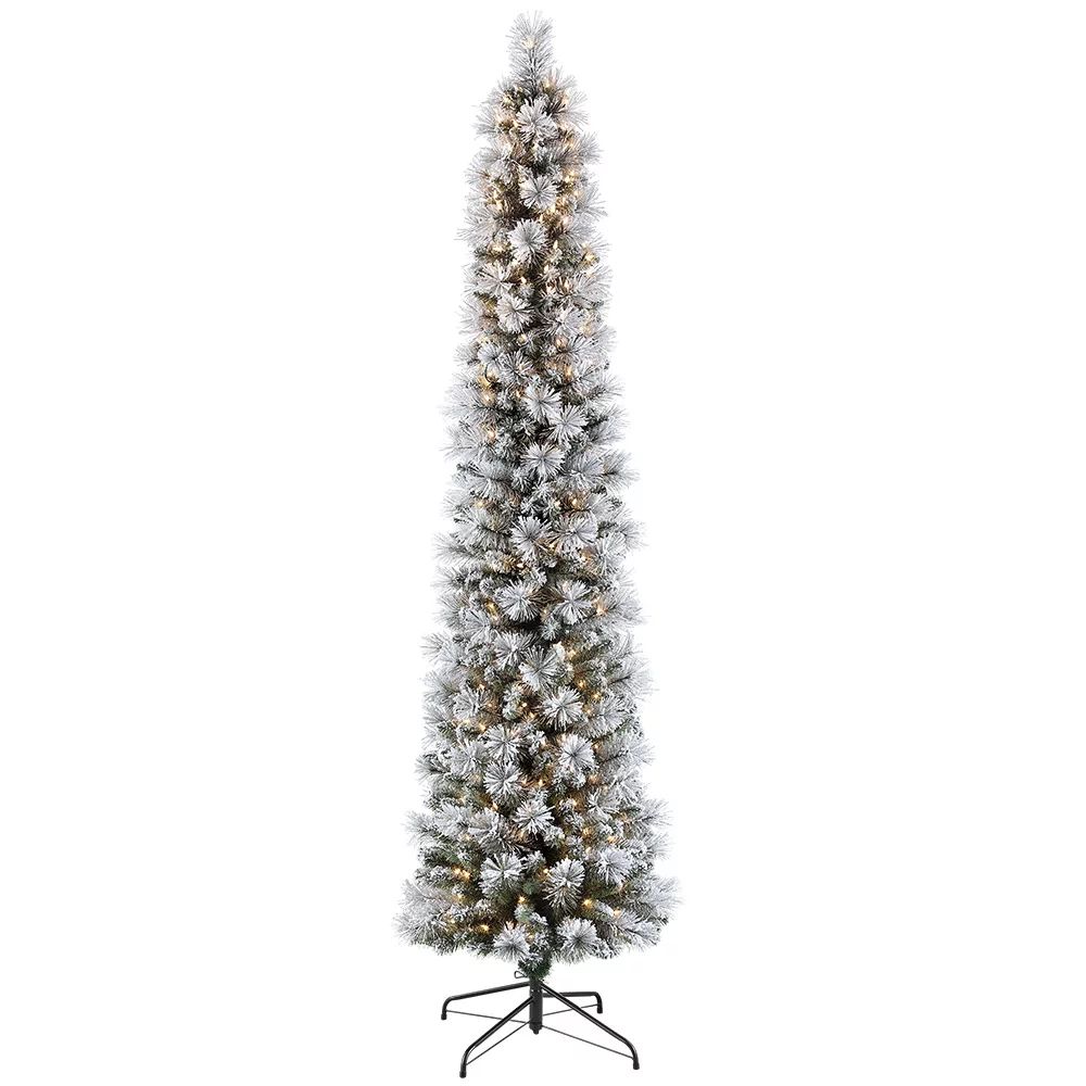 Puleo International 7.5 ft Pre-Lit Flocked Pencil Portland Pine Artificial Christmas Tree with 35... | Walmart (US)