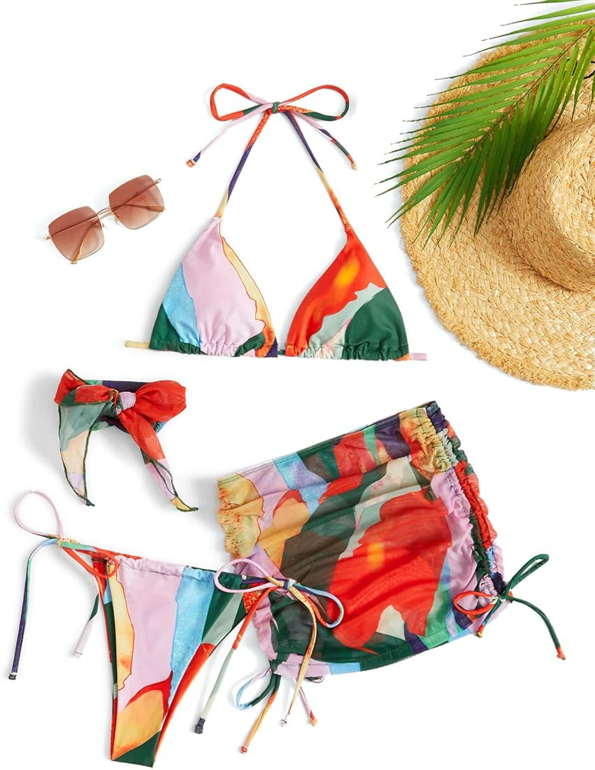 Women's 4 Piece Swimsuits Triangle Bikini Bathing Suits with Mesh Beach Skirt & Bandana | Amazon (US)