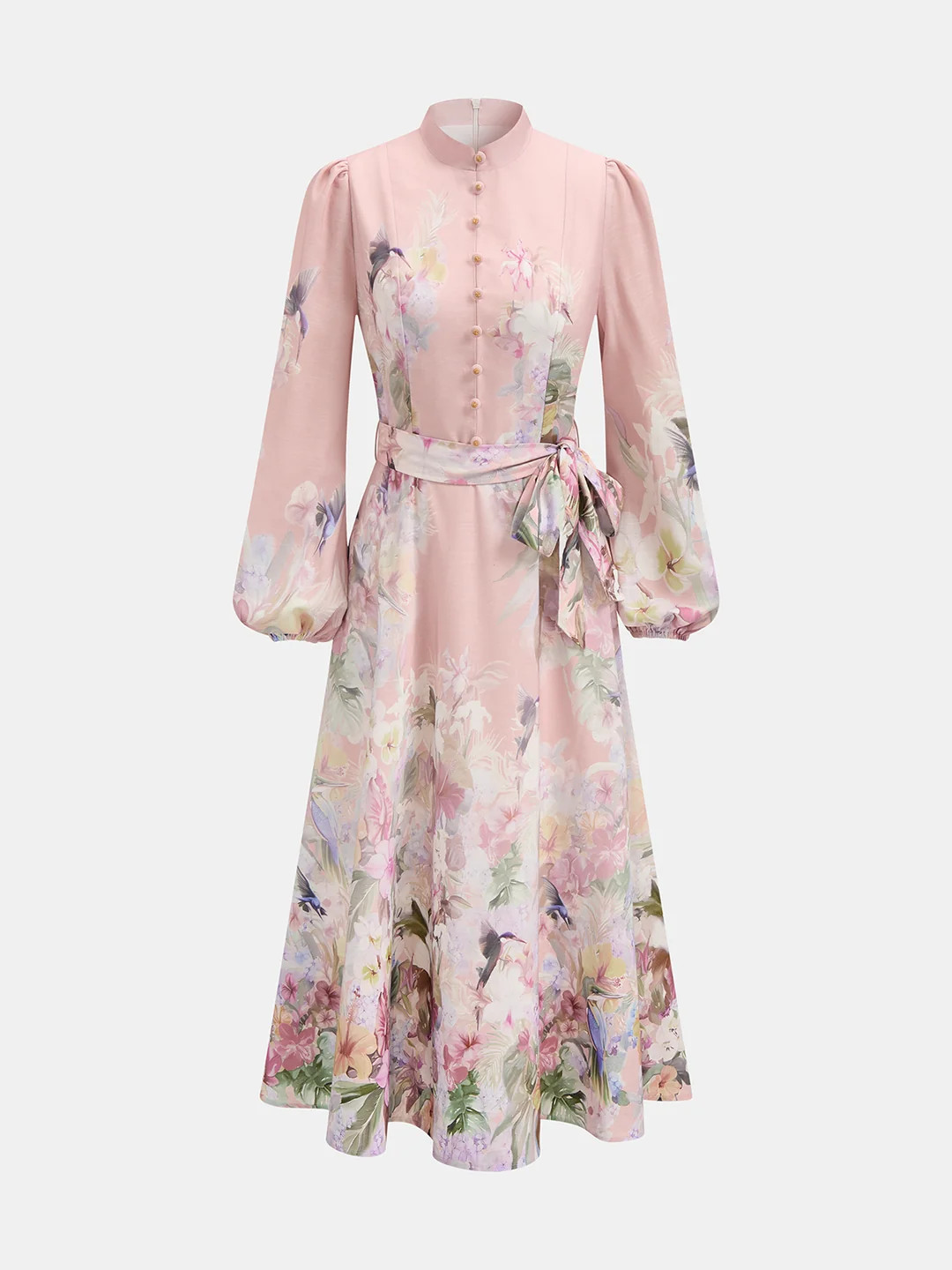 Floral Print Belted Puffed Sleeve Maxi Dress | Commense