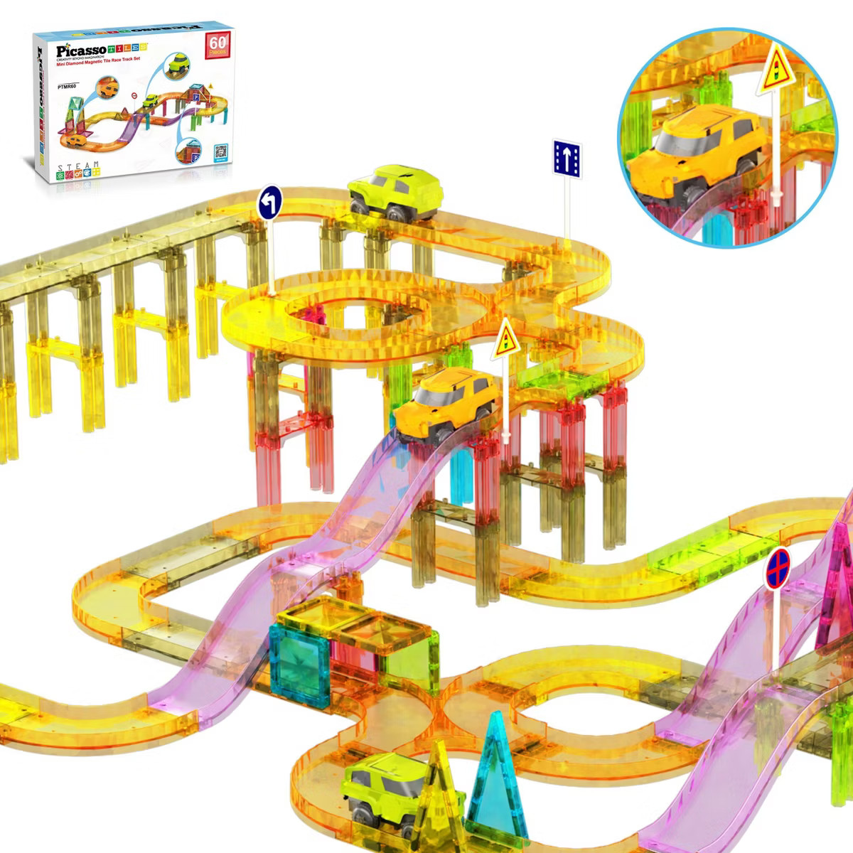 PICASSO-TILES Mini Magnetic Race Track Tiles for Kids – 60PCS STEM Construction Building Blocks... | Target