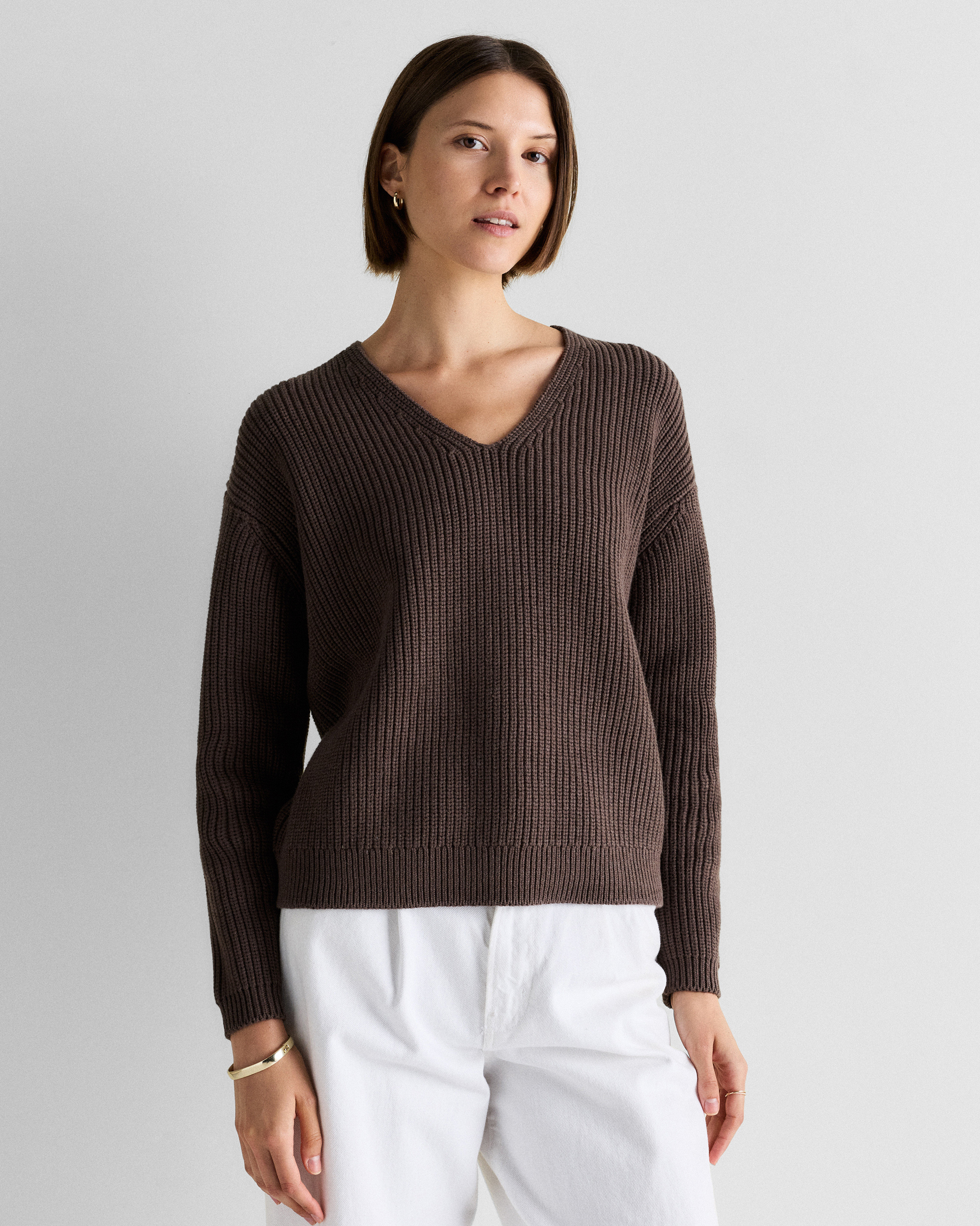 100% Organic Cotton Fisherman V-Neck Sweater in Ivory | Quince