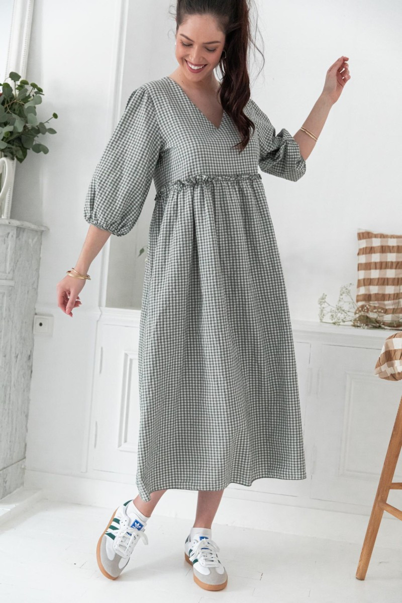 EVERLY Kaki Robe Vichy longue manches 3/4 | Pretty Wire