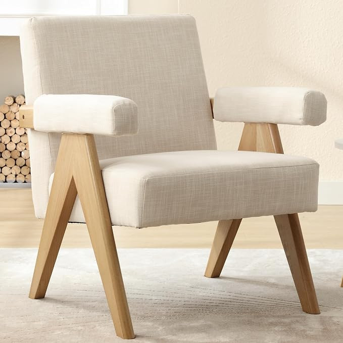 Linen Accent Chair Mid Century Modern Wood Armchair Comfy Reading Living Room Chair Single Seat S... | Amazon (US)
