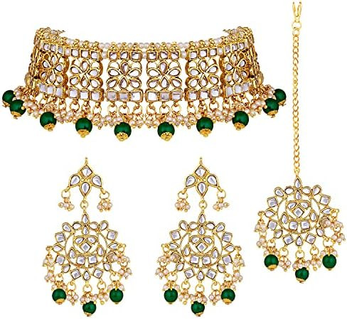 Aheli Elegant Indian Faux Kundan Studded Choker Necklace with Maang Tikka Set Ethnic Wedding Wear... | Amazon (US)