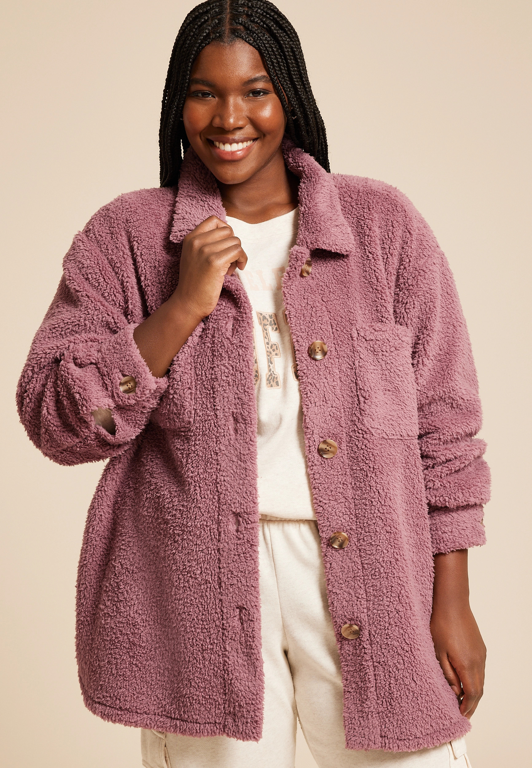 Maurices Plus Size Women's Sherpa Shacket Pink Size 1X | Maurices