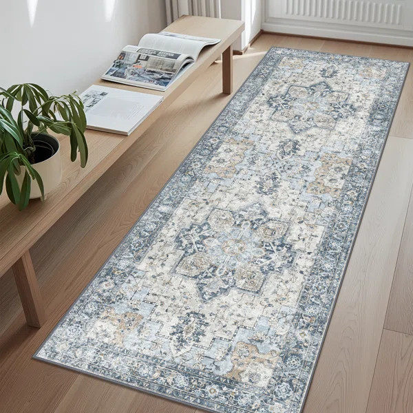 Roehit Oriental Performance Machine Washable Blue / Ivory Area Rug | Wayfair North America