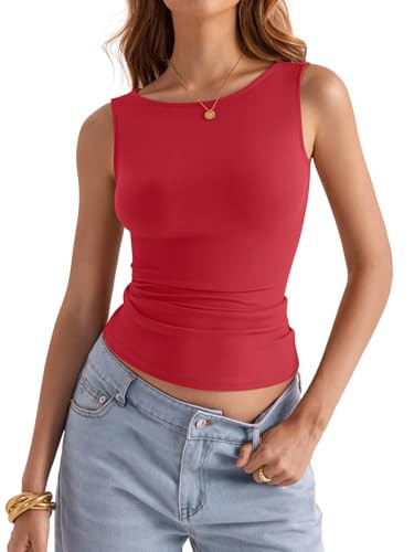Eachyes Womens Boat Neck Tank Tops Sleeveless Slim Fit Shirts Summer Going Out Y2K Fashion Outfit Clothes Red Small | Amazon (US)