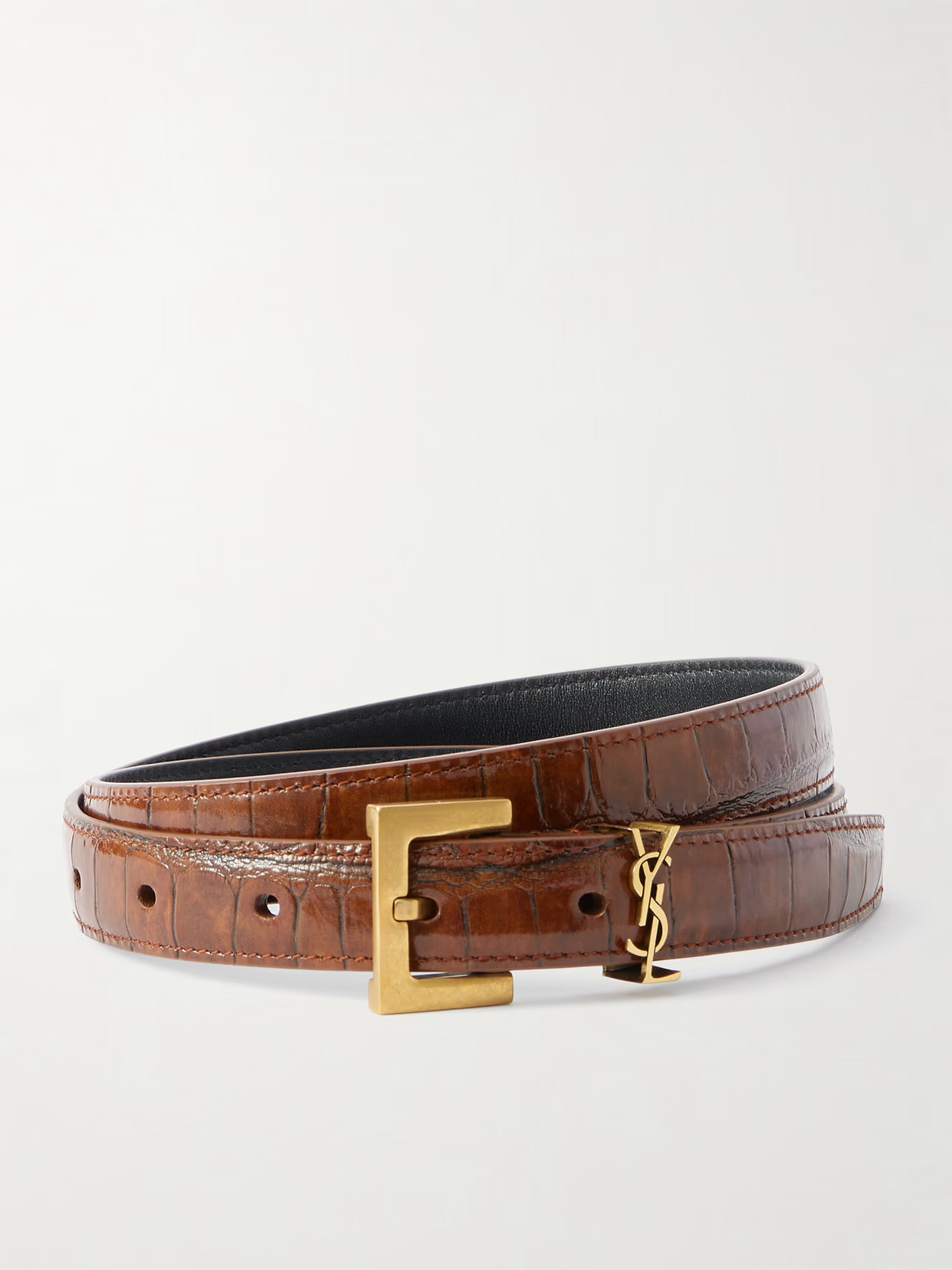 SAINT LAURENT - Cassandre Croc-effect Leather Belt - Brown | NET-A-PORTER (US)