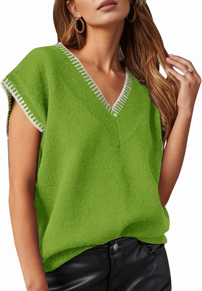 Saodimallsu Womens V Neck Sweater Vest Summer Trendy Cap Sleeve Casual Loose Knit Sleeveless Pull... | Amazon (US)