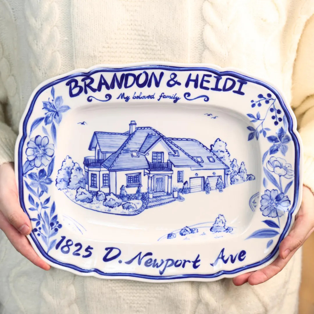 Custom Handmade House Plate 32cm X 25.5cm (12.6" X 10") Blue and White Home Portrait Dish Persona... | Etsy (US)