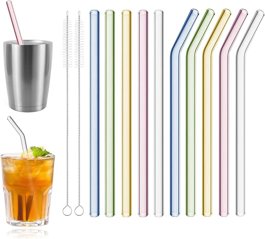 Lot de 10 pailles en verre colorées incassables, 17,8 x 8 mm, avec 2 brosses de nettoyage, lot d... | Amazon (CA)