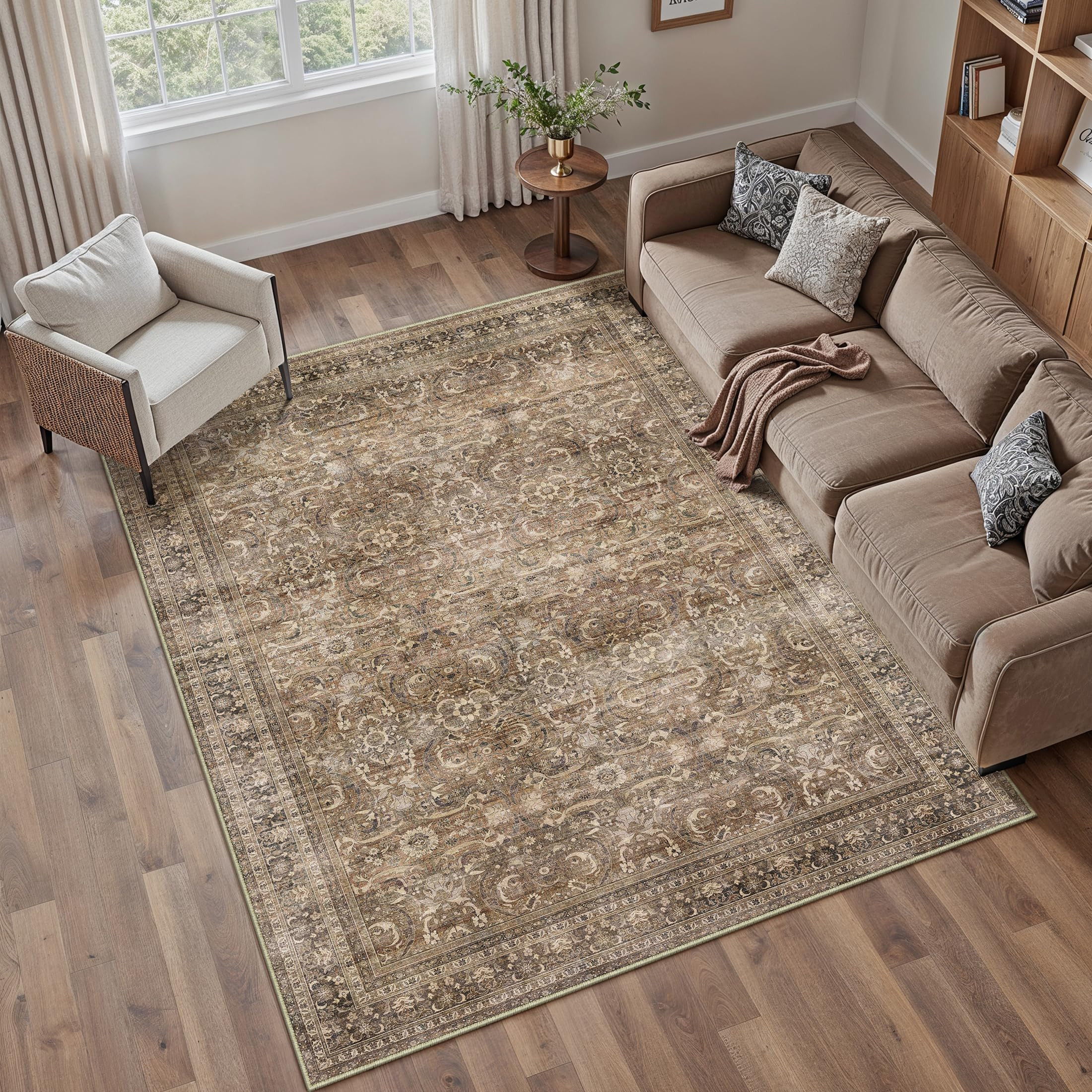 HUGEAR Area Rug 5x7 Vintage Brown Machine Washable Living Room Rugs Distressed Retro Floral Vacuu... | Amazon (US)