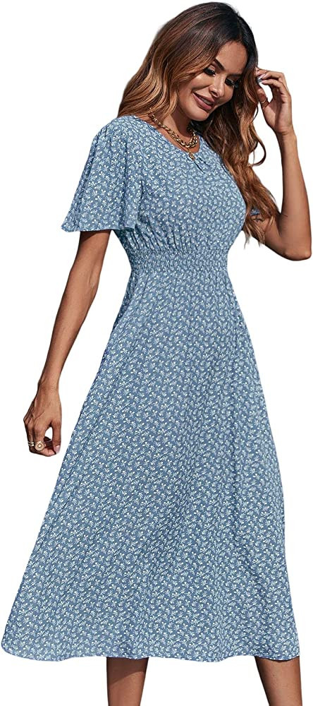 Floerns Women's Short Sleeve Boho Floral Dress A Line Smocked Midi Dress | Amazon (US)