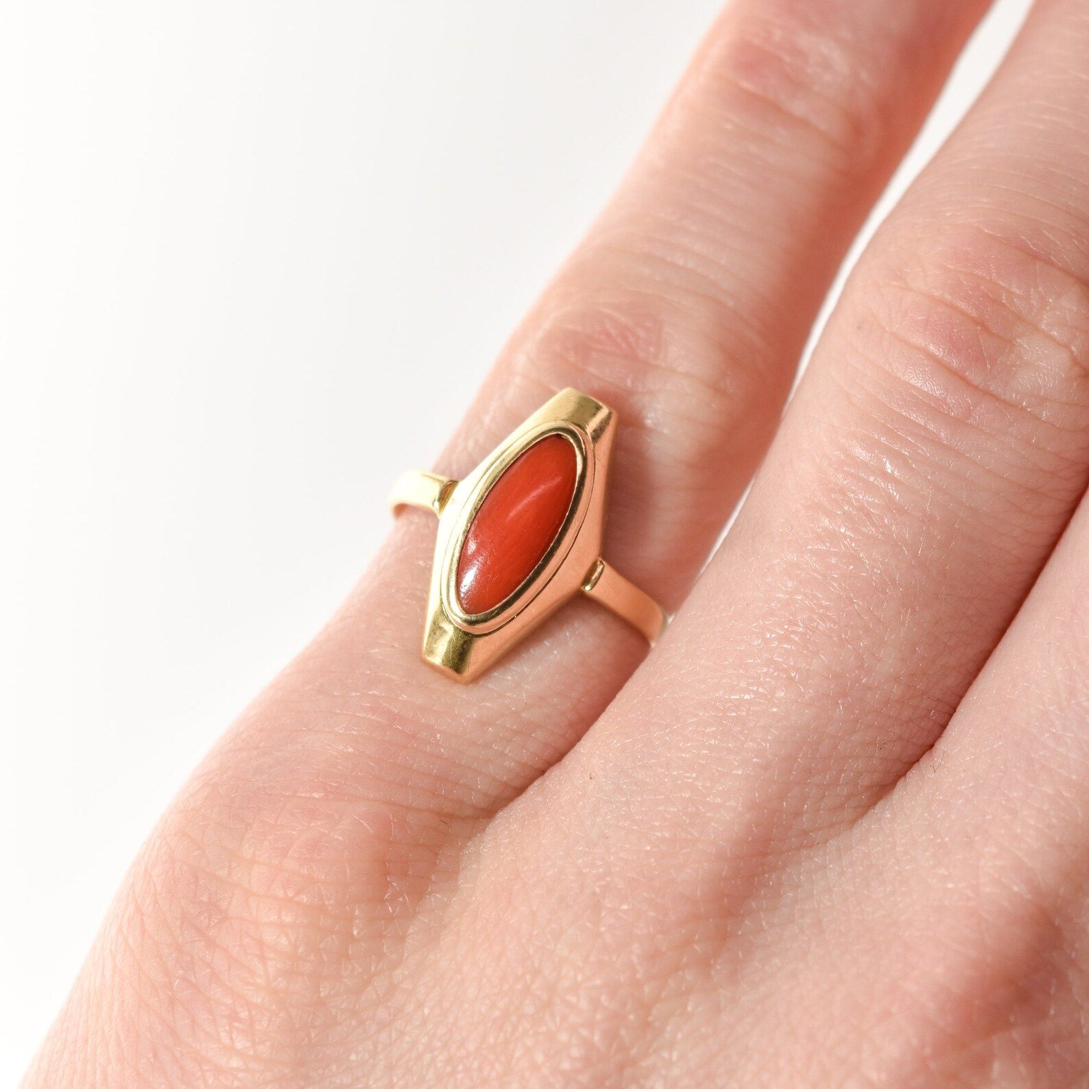 Estate 18K Coral Marquise Ring, Yellow Gold Red Coral Ring, Size 5 1/4 US | Etsy (US)