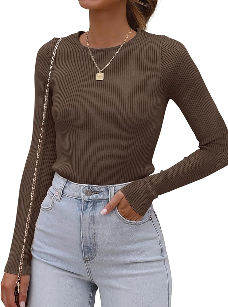 ATHMILE Womens Ribbed Knit T Shirt Casual Crewneck Tops Short Sleeve/Long Sleeve Sweaters Slim Fi... | Amazon (US)