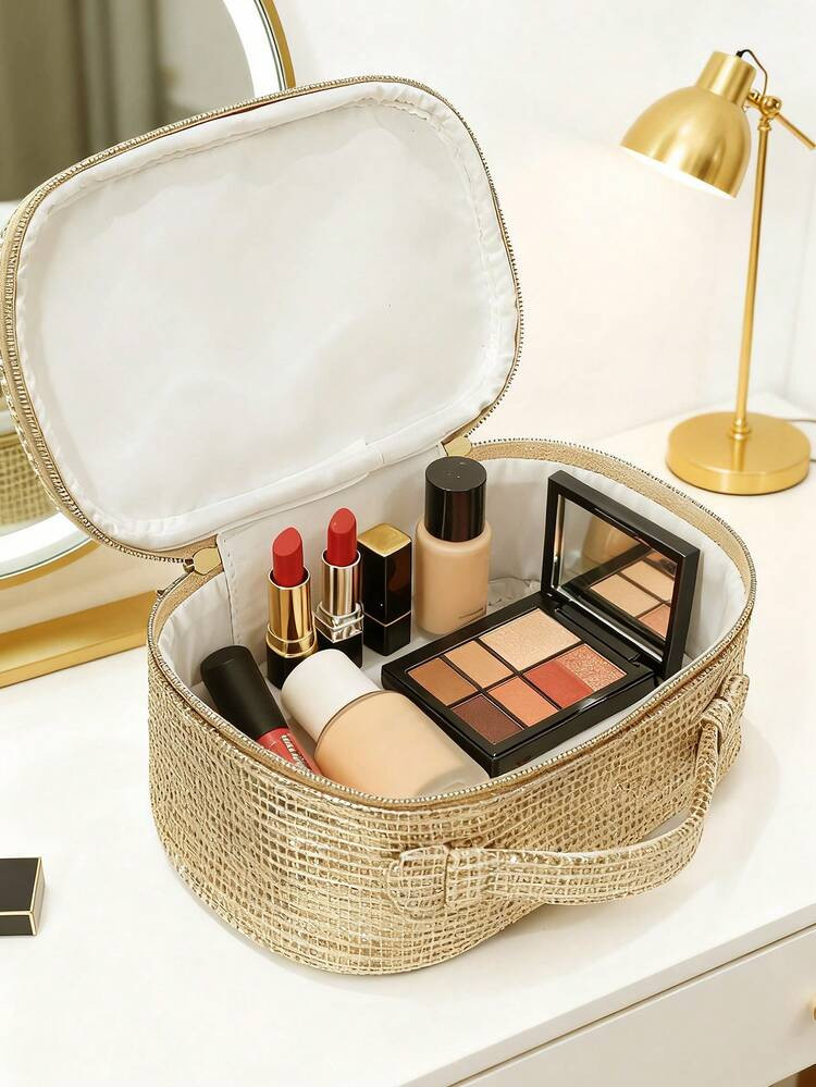Christian Dior 2025 New Christmas Limited Edition Makeup Pouch Gleaming Gold Woven Texture With A Radiant Sheen, Creating A Dazzling Effect | SHEIN