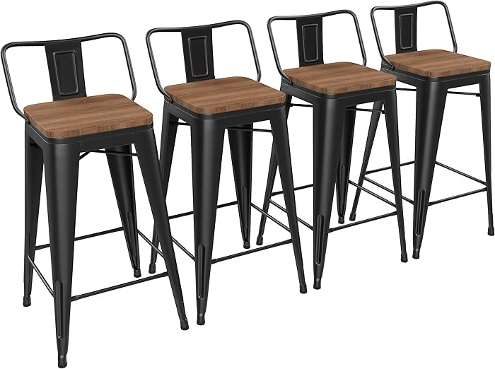 Yongchuang 24" Metal Barstools Set of 4 Counter Bar Stools with Wood Top Low Back Matte Black | Amazon (US)