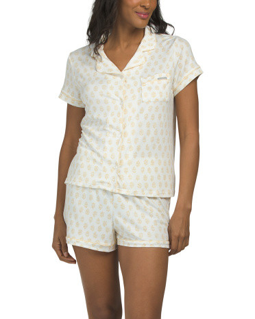 2Pc Stamp Print Notch Collar Top And Shorts Pajama Set For Women, Spandex/Polyester | TJ Maxx