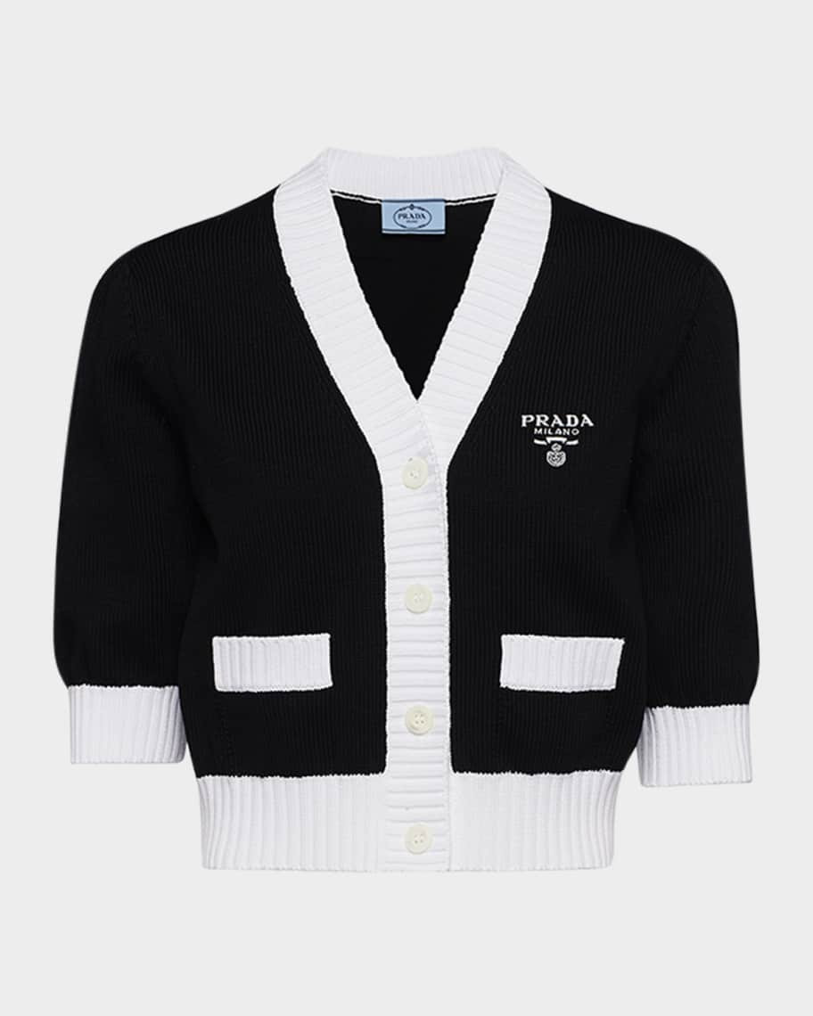 Prada Short-Sleeve Cropped Contrast-Trim Cardigan | Neiman Marcus