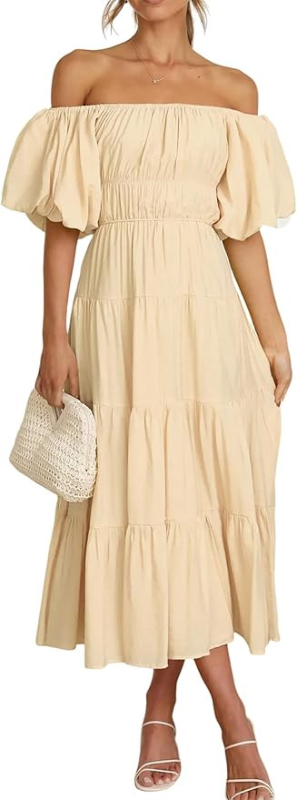 R.Vivimos Off-Shoulder Dresses for Women Summer Puff Sleeve Empire Waist Casual Ruffle A-Line Flo... | Amazon (US)