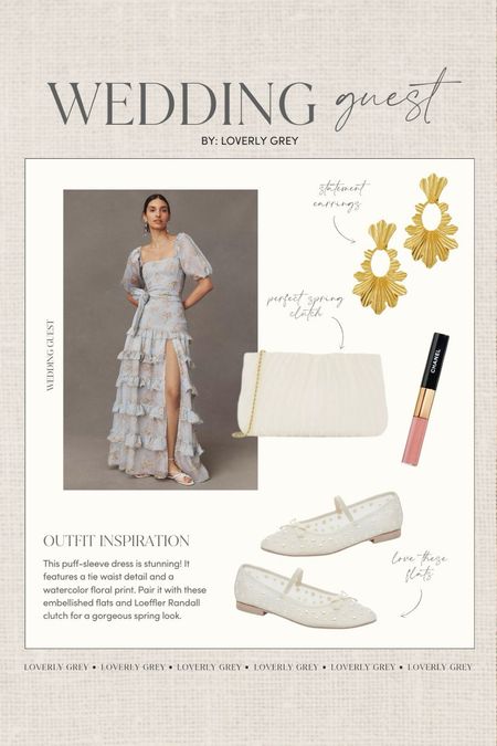 Loverly Grey wedding guest outfit idea. I love a puff sleeve dress! Pair it with these gorgeous flats and neutral clutch for a stunning spring look. 

#LTKSeasonal #LTKwedding #LTKstyletip