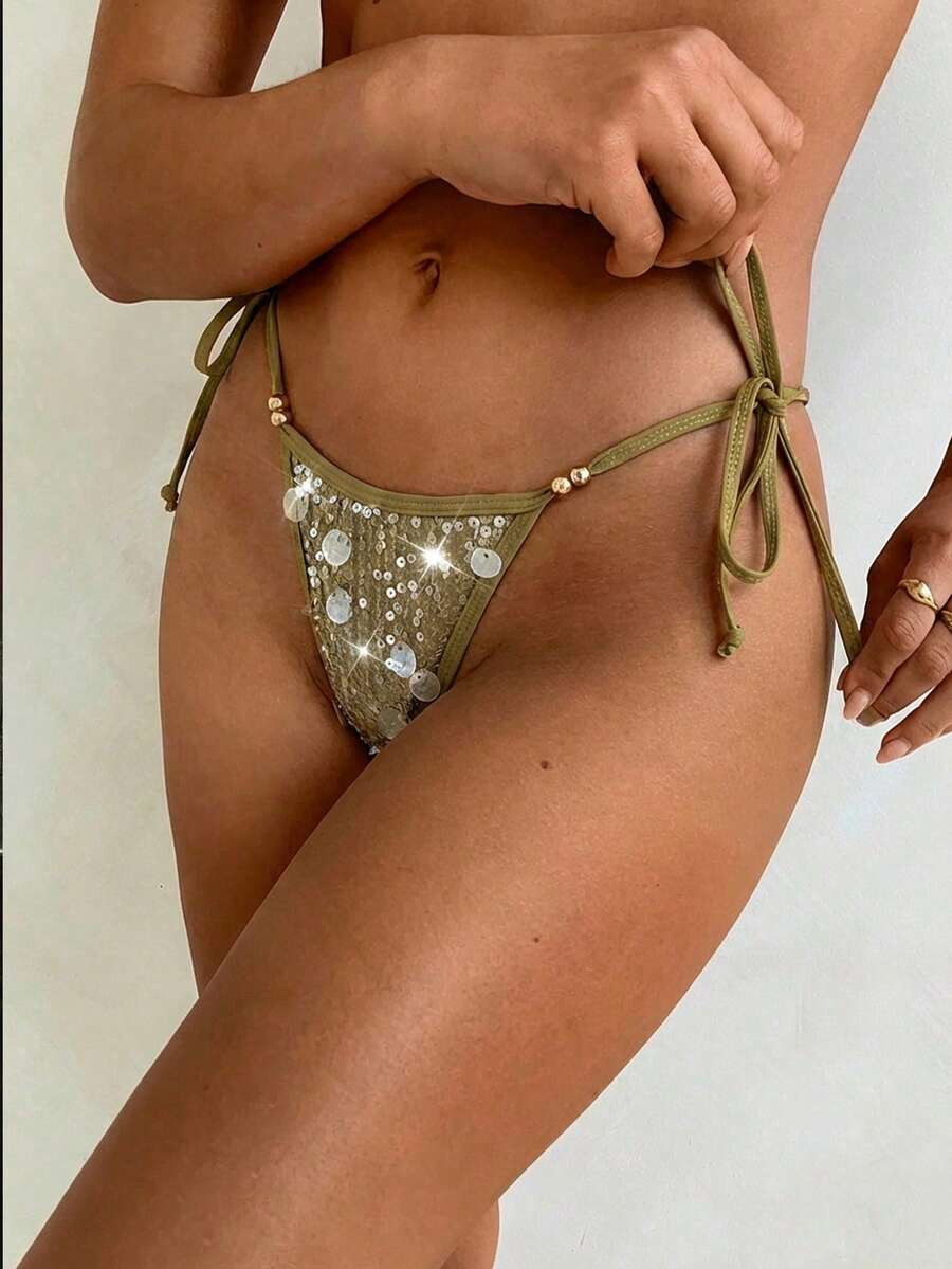 Aloruh Women's Olive Green Sequin & Beaded Bikini Bottom,70s Retro Summer Beach Holiday Resort We... | SHEIN