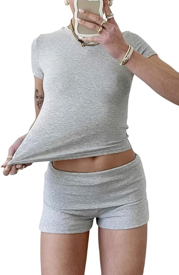 Women's Casual Workout Two Piece Outfits Slim Short Sleeve Low Waist Foldover Shorts Tracksuit Se... | Amazon (US)