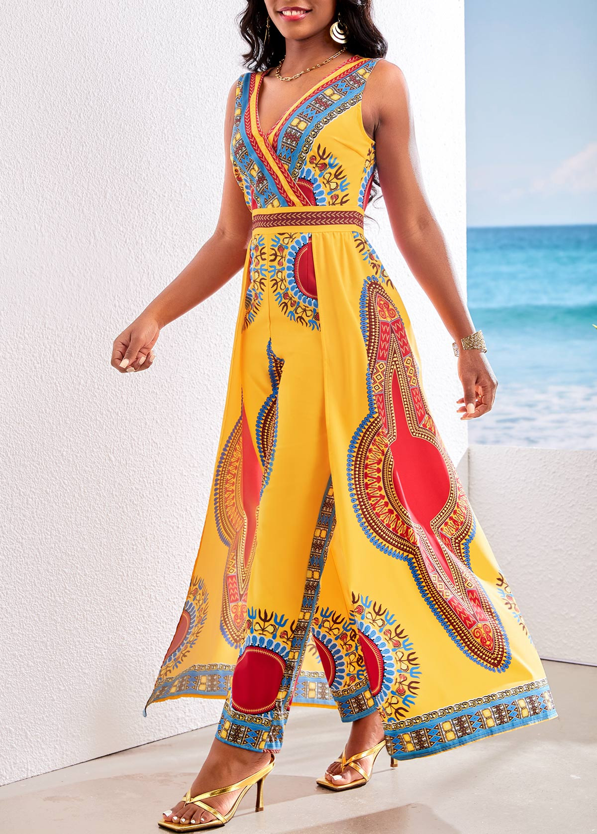 ROTITA Patchwork African Tribal Print Yellow Ankle Length Jumpsuit | Rotita.com - USD $37.98 | rotita.com