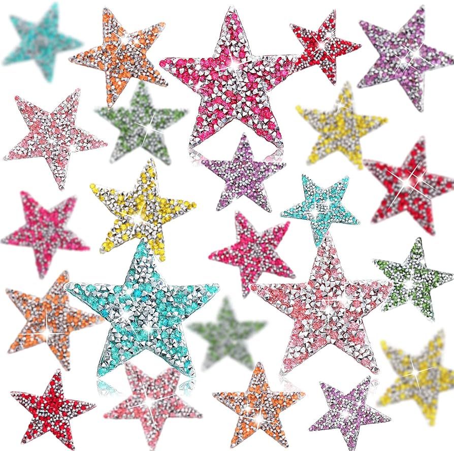 24 Pieces Star Patches Iron On Star Appliques Rhinestone Adhesive Star Iron on Patches Glitter Sh... | Amazon (US)