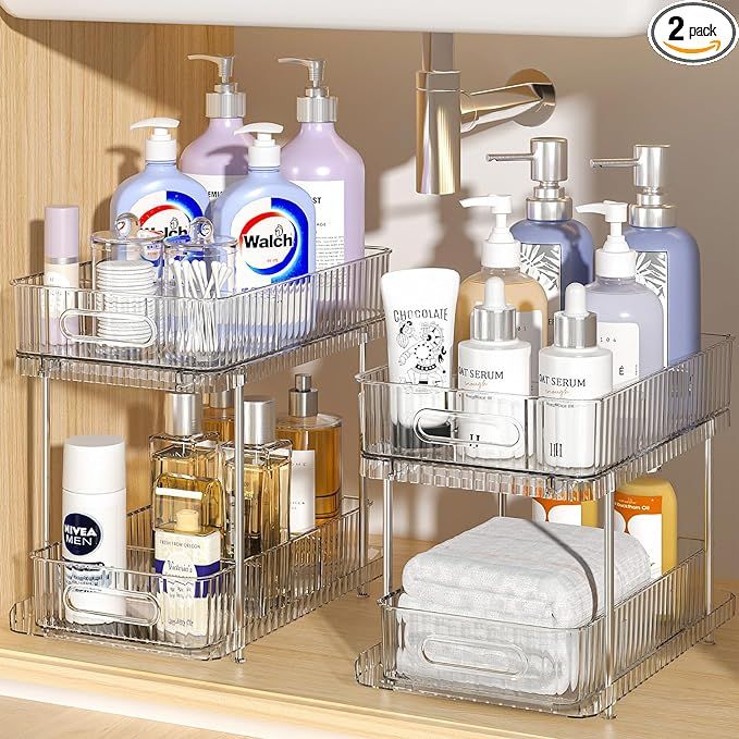 Delamu 2 Sets of 2-Tier Clear Bathroom Under Sink Organizers and Storage, Snap-Lock Pull Out Bath... | Amazon (US)