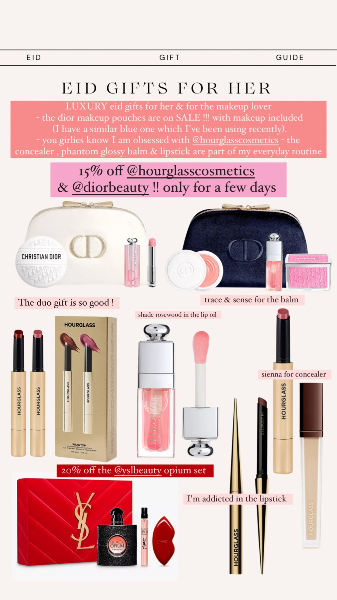luxury eid gifts for her 💖
- 15% off hourglass & dior beauty 
- pretty dior pouches 


#LTKSeasonal #LTKbeauty #LTKsalealert